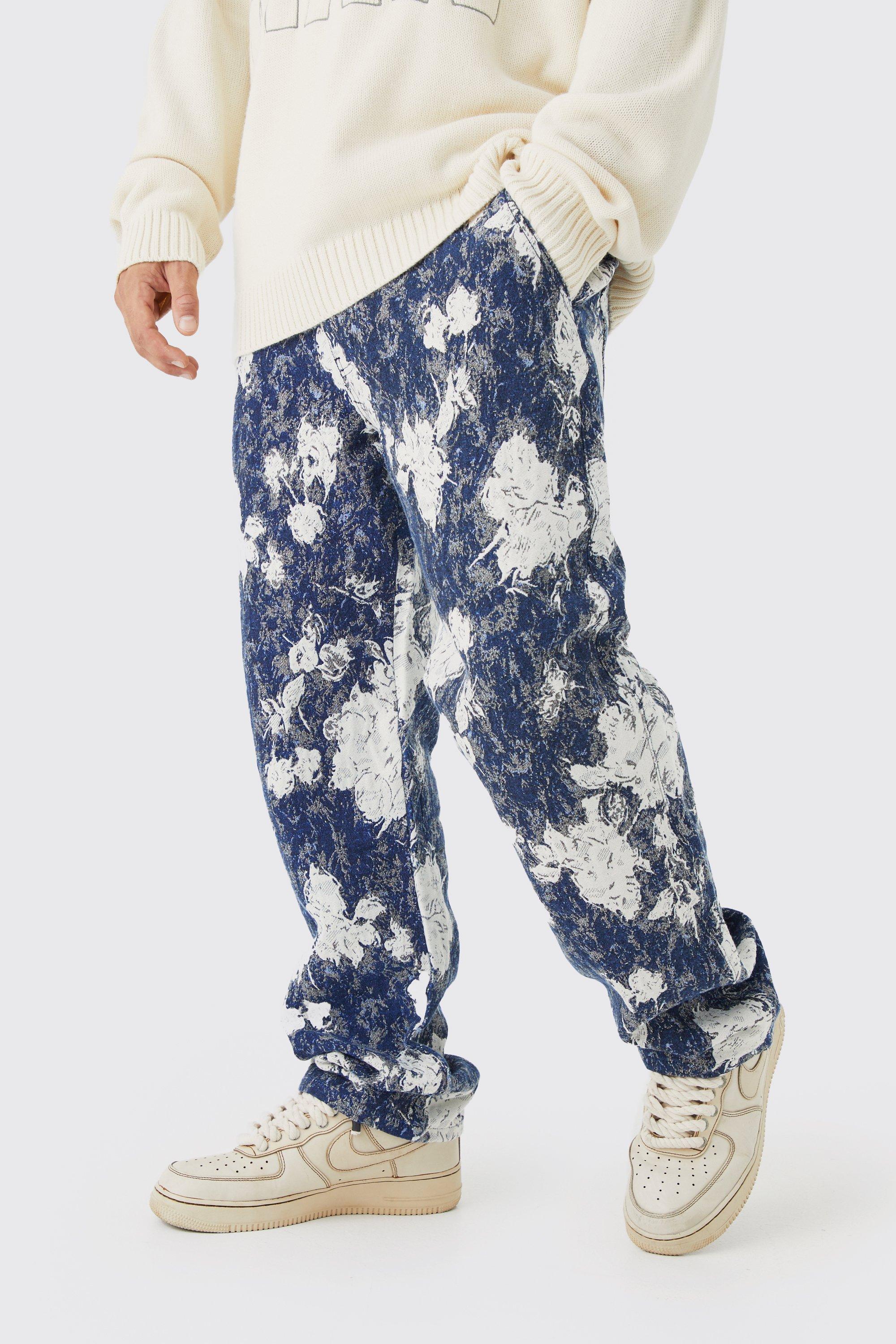 Mens Blue Relaxed Fit Tapestry Trouser, Blue